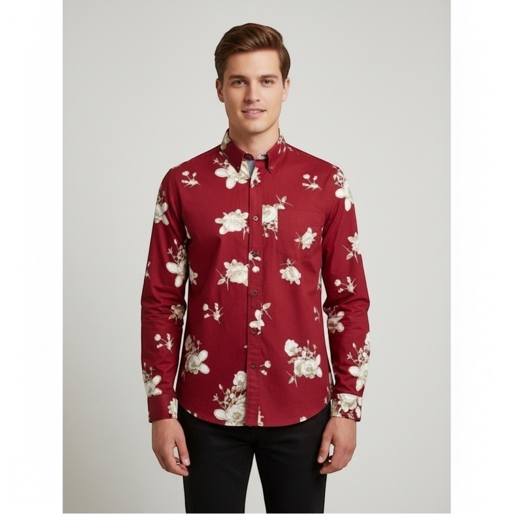 Eighth Avenue 100% Cotton Men’s Lightweight Red Floral Button Shirt Down Medium